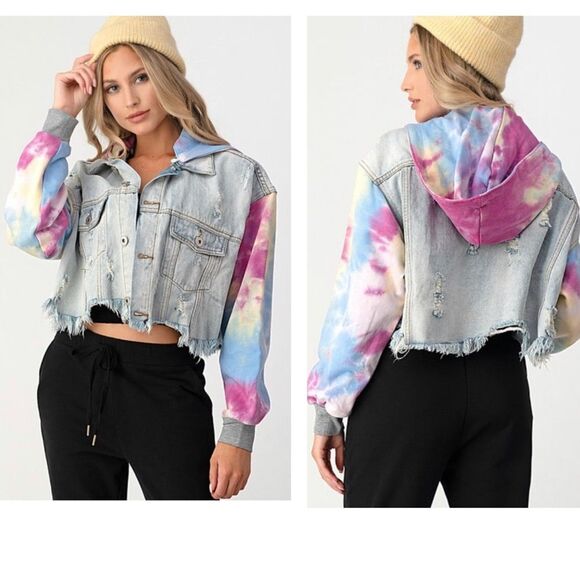 NWT Dance & Marvel oversized tie dye distressed crop jacket with hood small - Picture 1 of 13